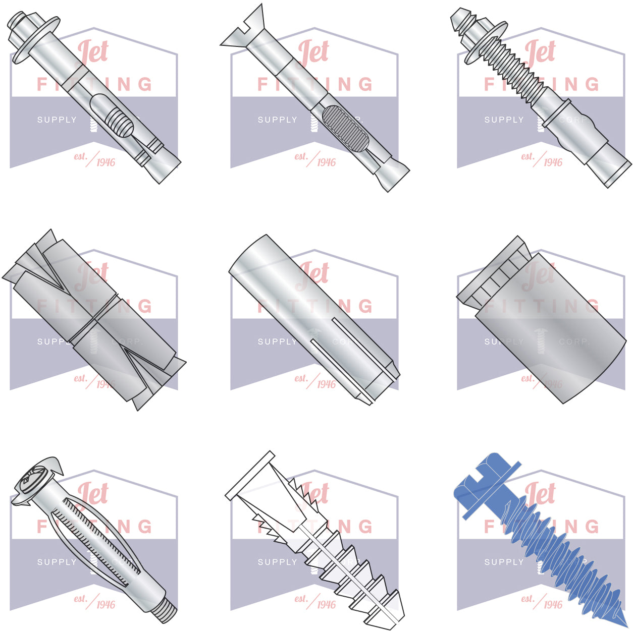 Nut Sleeve Anchor, Flat Head Sleeve Anchor, Hex Nut Wedge Anchor, Double Expansion Anchor, Drop in Anchor, Machine Screw Anchor, Hollow Wall anchor, Ribbed Plastic Anchor, Blue Concrete Bolts