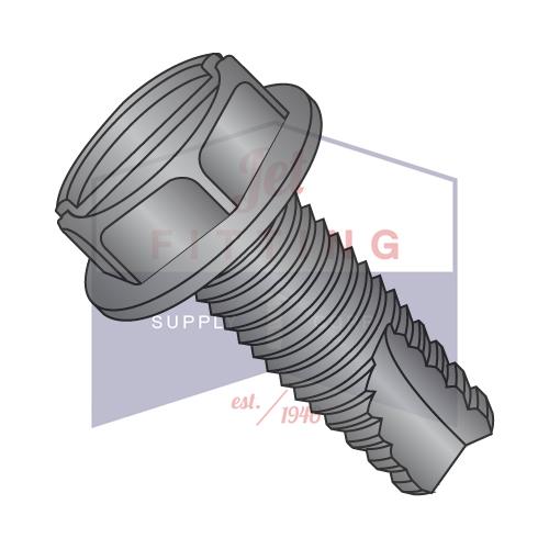 Tornillo de corte de rosca con arandela hexagonal con ranura y sangría de 10-32 x 1/2, tipo 23, rosca completa, óxido negro