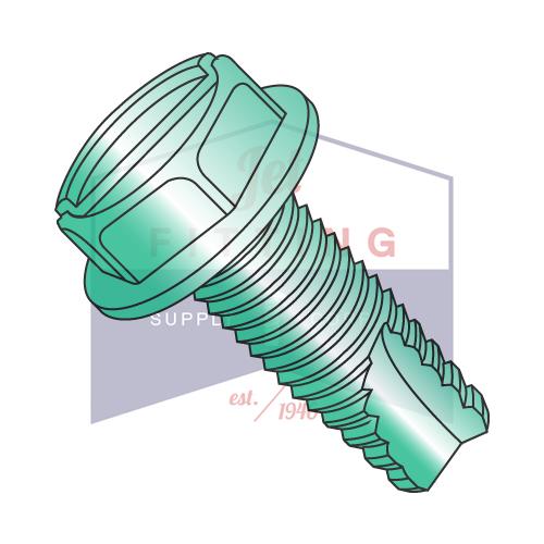 Tornillo de corte de rosca con arandela hexagonal ranurada y dentada de 8-32 x 3/8, tipo 23, rosca completa, zinc verde