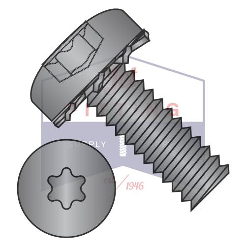 Tornillo para máquina Sems de cabeza plana de seis lóbulos con dientes externos de 6-32 x 1/4, rosca completa, galvanizado en negro