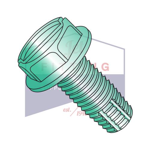 Tornillo de corte de rosca con arandela hexagonal ranurada tipo F de 6-32 x 1/4, rosca completa, galvanizado en verde