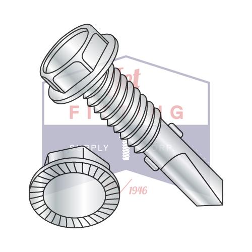 Tornillo autorroscante dentado con arandela hexagonal sin ranura de 1/4-20 x 1 1/2, punta n.° 4 y alas, acabado en zinc