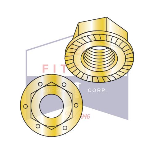 Tuercas de seguridad hexagonales con brida dentada de 3/4-10, grado 8, zinc amarillo